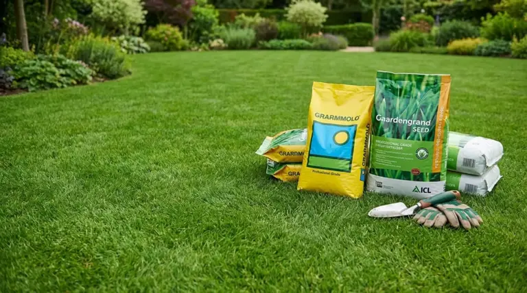 Prato curato con sacchi di sementi e attrezzi da giardinaggio, ideale per un tappeto erboso resistente al calpestio