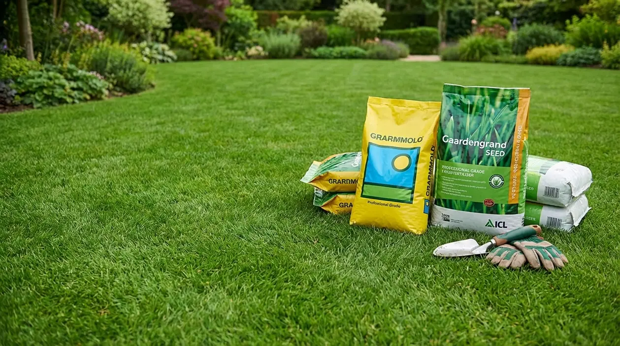 Prato curato con sacchi di sementi e attrezzi da giardinaggio, ideale per un tappeto erboso resistente al calpestio