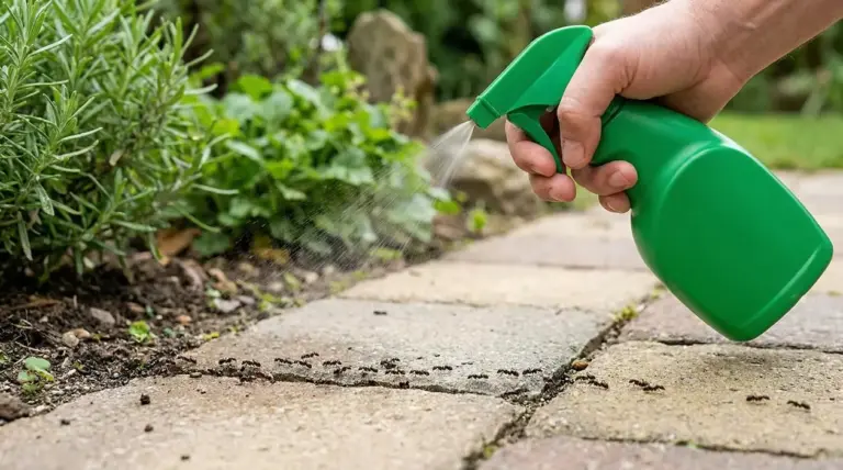 Mano con spruzzino verde che tratta un passaggio di formiche su un vialetto in giardino