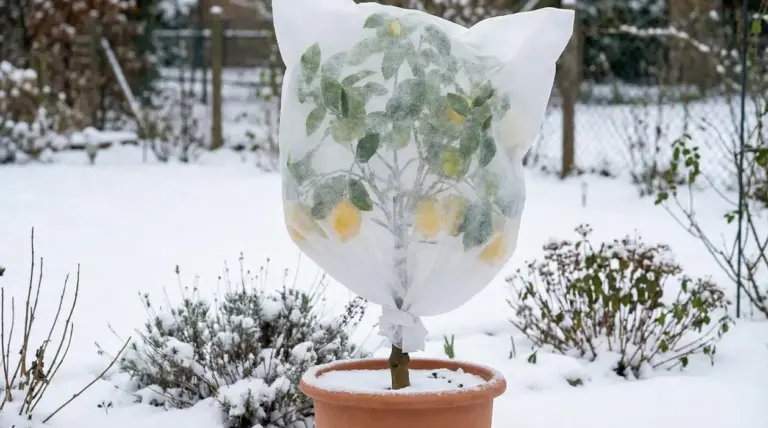 Pianta di limone in vaso protetta con telo non tessuto durante una giornata di neve in giardino