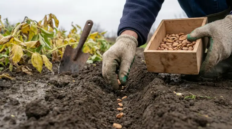 Mani con guanti seminano fave in un solco dell’orto, con cassetta di semi e paletta sul terreno