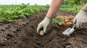 Mani con guanti che piantano una patata in un solco nell’orto, con cesto di patate e paletta da giardinaggio