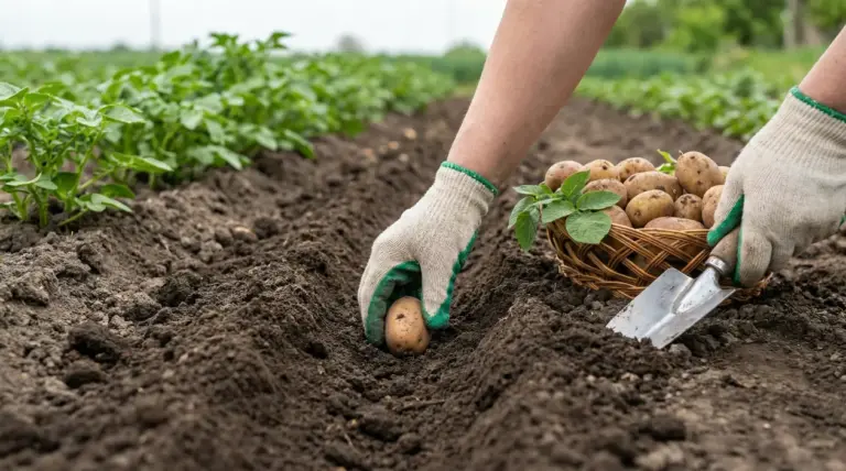 Mani con guanti che piantano una patata in un solco nell’orto, con cesto di patate e paletta da giardinaggio