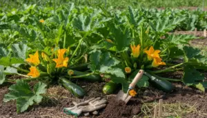 Piante di zucchine nell’orto con frutti maturi, fiori gialli e attrezzi da giardinaggio sul terreno