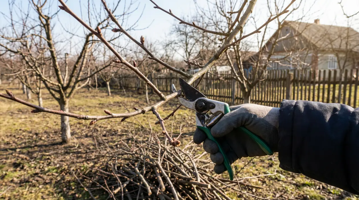 Mano con guanto che pota un ramo di albero da frutto con cesoie in un frutteto a fine inverno
