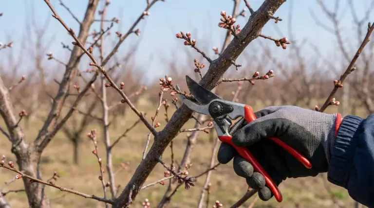 Mano con cesoie che pota un ramo di albicocco con gemme in un frutteto
