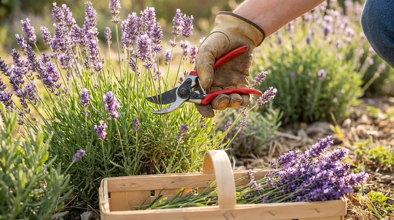 Mano con cesoie che pota una pianta di lavanda in fiore in giardino, con mazzetti raccolti in un cesto