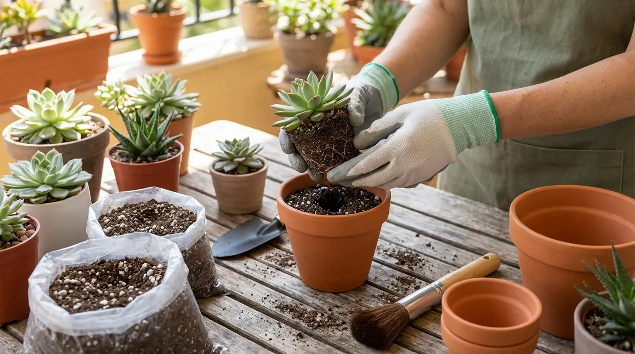 Persona con guanti rinvasa una pianta grassa in un vaso di terracotta su un tavolo con terriccio e altri succulenti