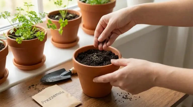 Mani che seminano semi di prezzemolo in un vaso di terracotta su un davanzale con altre piantine aromatiche