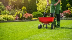 Persona che distribuisce fertilizzante sul prato con uno spandiconcime in un giardino curato