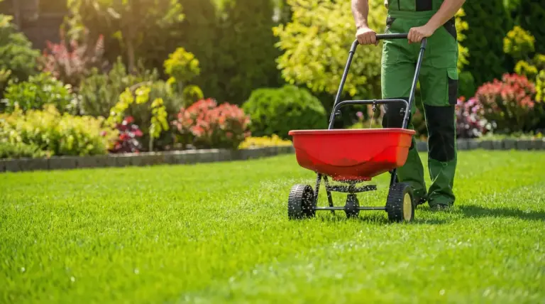 Persona che distribuisce fertilizzante sul prato con uno spandiconcime in un giardino curato
