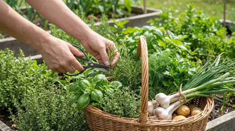 Mani che raccolgono erbe aromatiche nell'orto con cestino di basilico, rosmarino, timo e cipollotti