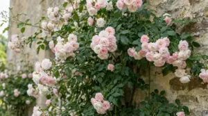 Rosa rampicante con fiori rosa e bianchi in grappoli su un muro in pietra, ideale per un giardino sempre in fiore