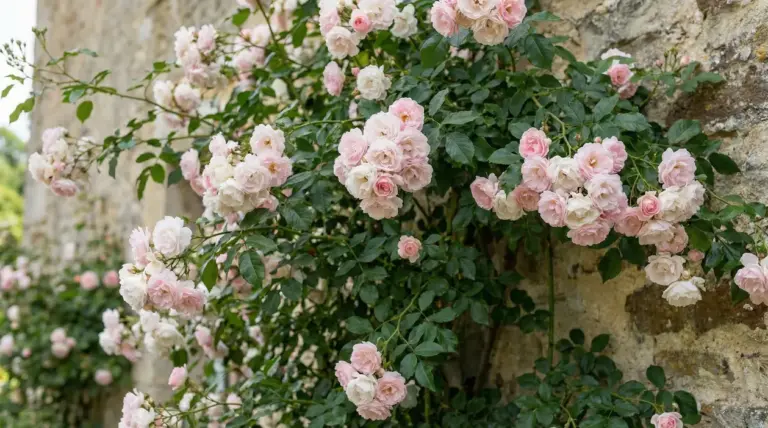 Rosa rampicante con fiori rosa e bianchi in grappoli su un muro in pietra, ideale per un giardino sempre in fiore