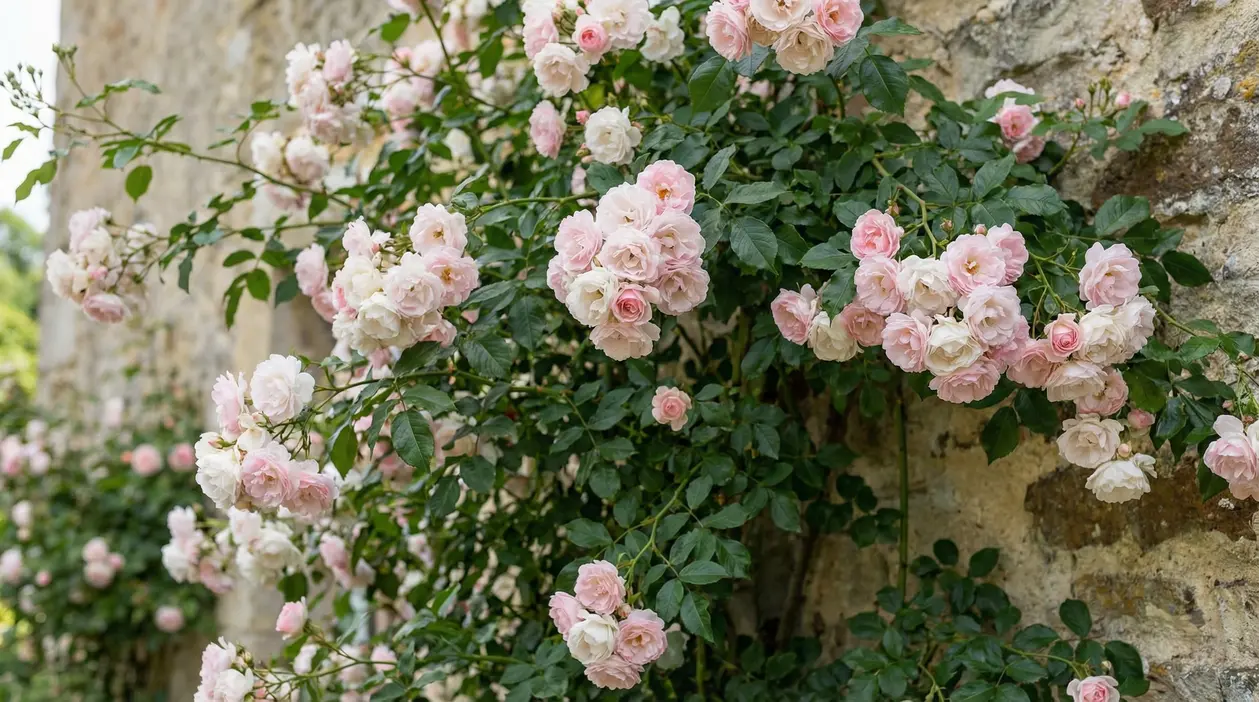 Rosa rampicante con fiori rosa e bianchi in grappoli su un muro in pietra, ideale per un giardino sempre in fiore