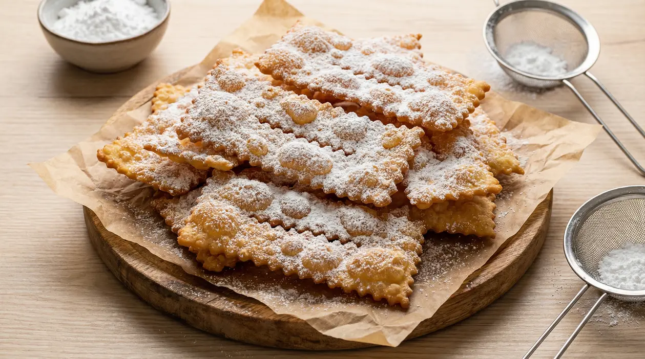 Chiacchiere di Carnevale croccanti spolverate di zucchero a velo su vassoio di legno con carta forno