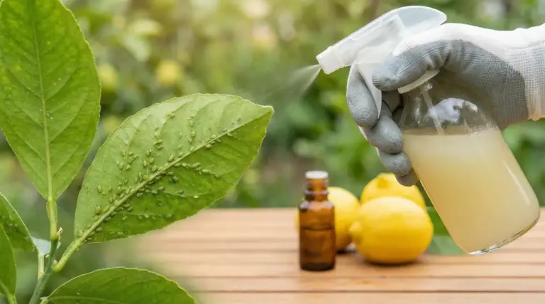 Foglia infestata da afidi trattata con uno spray naturale a base di limone contro i parassiti delle piante