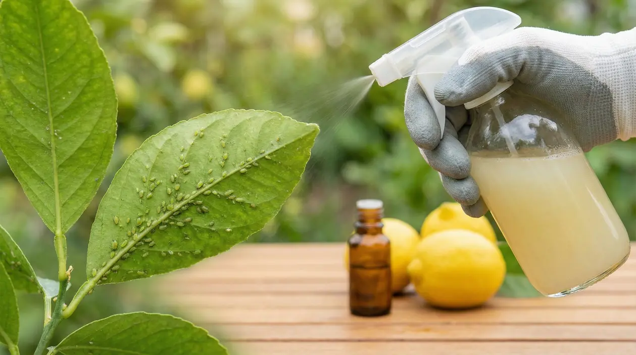 Foglia infestata da afidi trattata con uno spray naturale a base di limone contro i parassiti delle piante