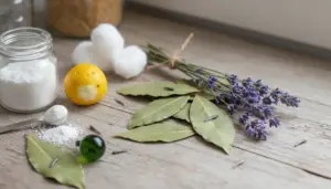 Rimedi naturali contro i pesciolini d’argento: alloro, lavanda, limone e polveri su tavolo in legno