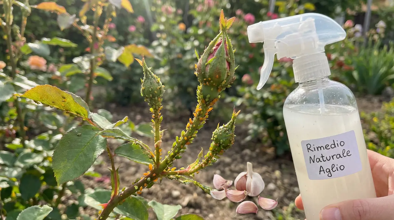 Boccioli di rosa infestati da pidocchi con spray naturale a base di aglio in giardino