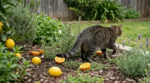 Gatto tigrato in giardino tra rosmarino e lavanda, con limoni e arance a terra come rimedio naturale