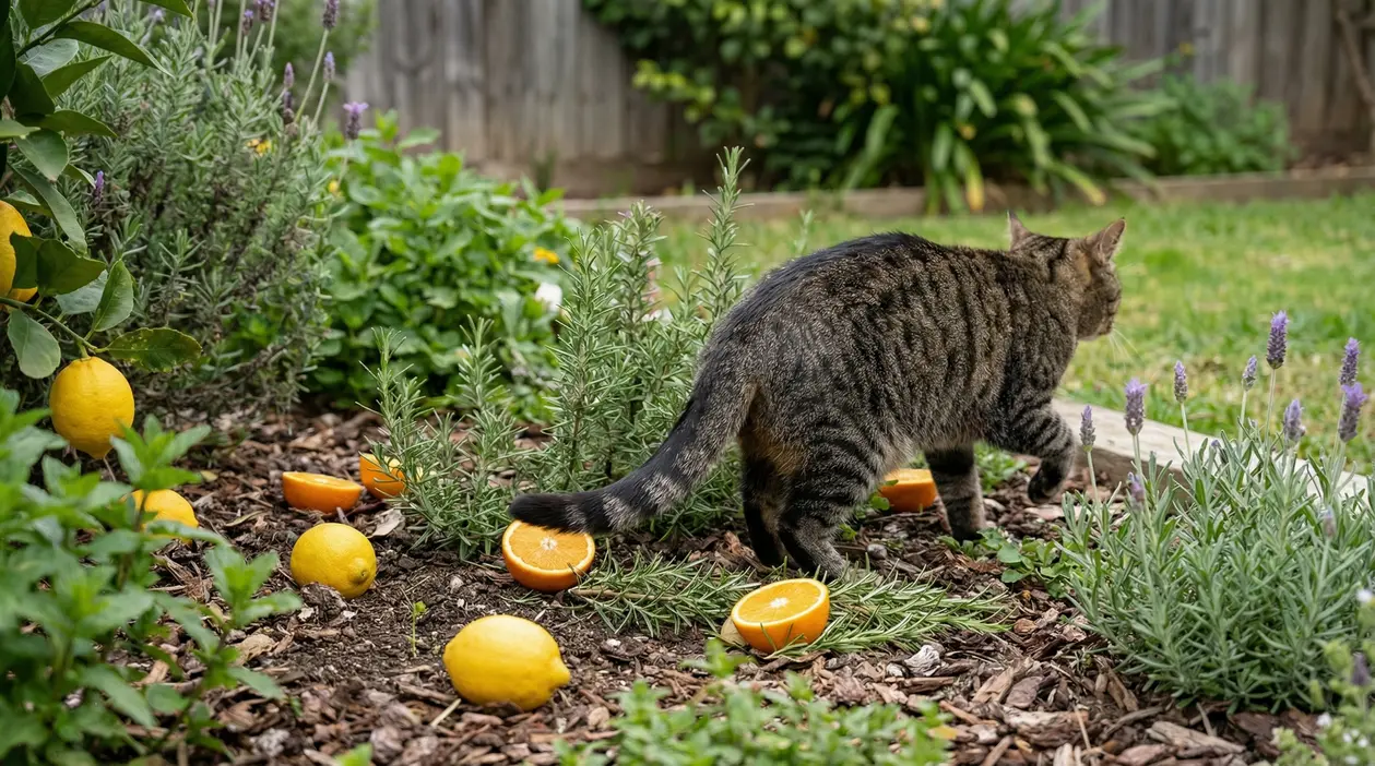 Gatto tigrato in giardino tra rosmarino e lavanda, con limoni e arance a terra come rimedio naturale