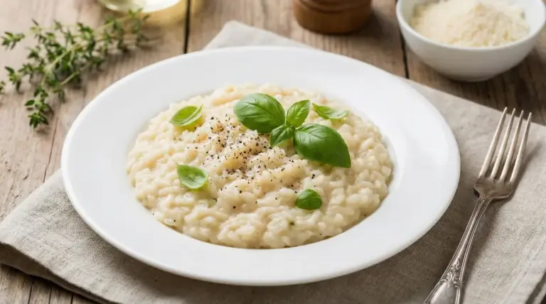 Risotto cremoso servito in piatto bianco, guarnito con foglie di basilico e pepe nero su tavolo in legno
