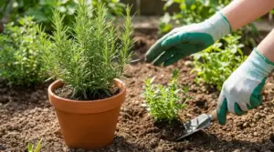 Pianta di rosmarino in vaso accanto a erbe aromatiche nell’orto, mentre una persona prepara il terreno