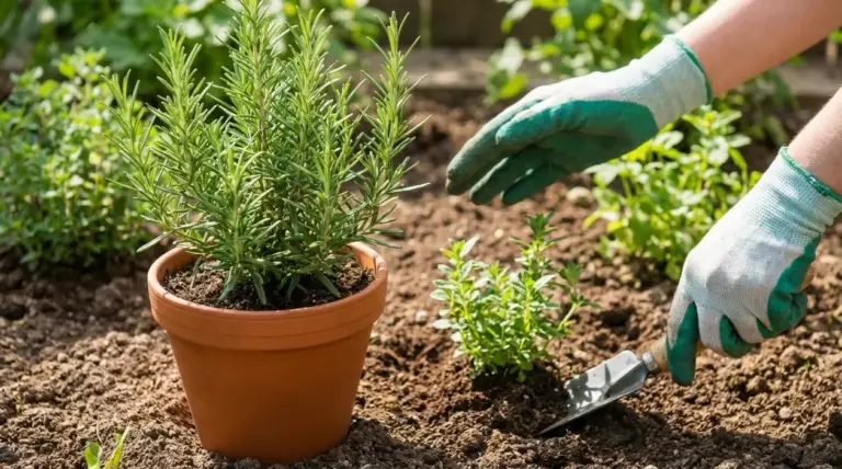 Pianta di rosmarino in vaso accanto a erbe aromatiche nell’orto, mentre una persona prepara il terreno