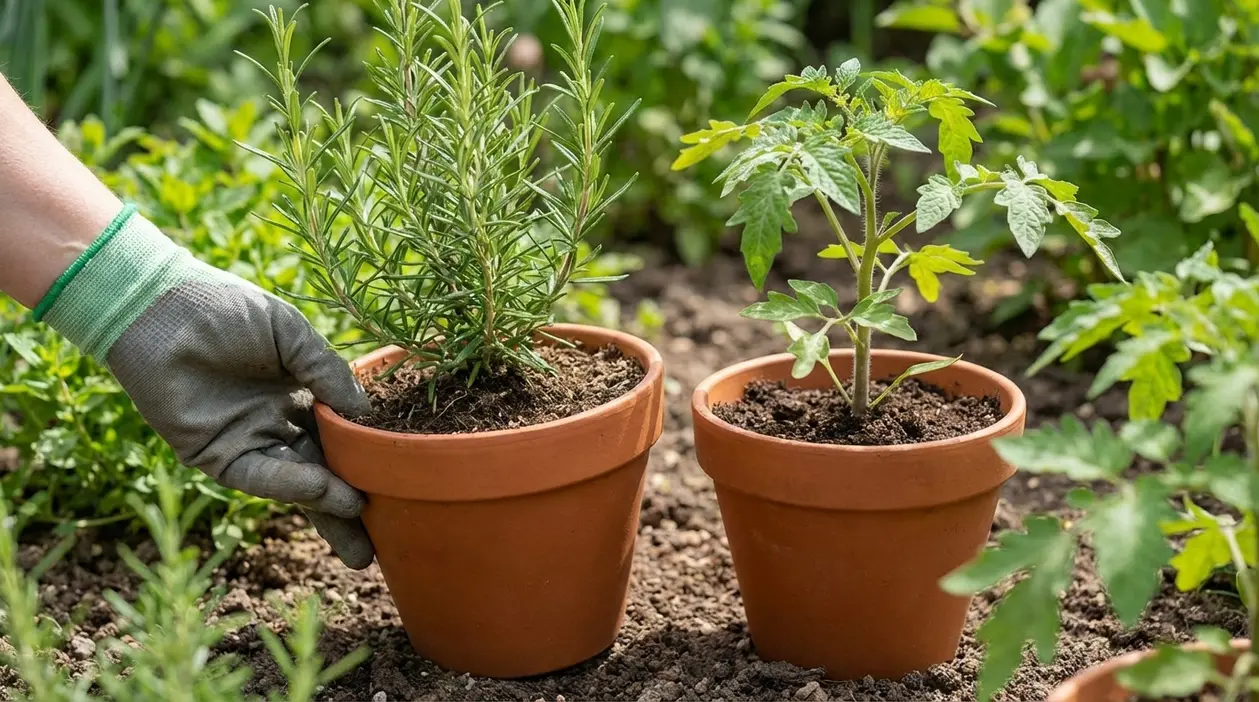 Pianta di rosmarino accanto a una giovane pianta di pomodoro in vaso nell'orto
