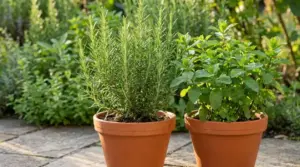 Pianta di rosmarino accanto a una pianta di menta in vaso, in un giardino soleggiato