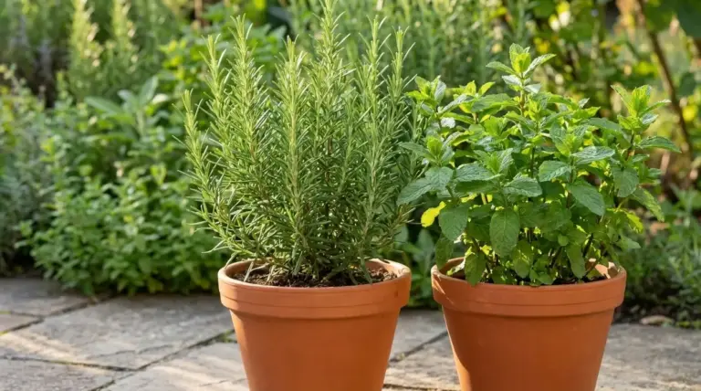 Pianta di rosmarino accanto a una pianta di menta in vaso, in un giardino soleggiato