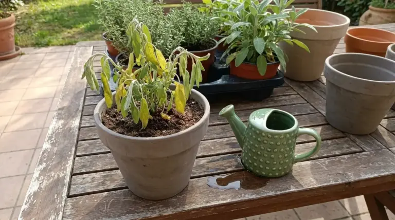 Pianta di salvia appassita in vaso su un tavolo da giardino accanto a un piccolo annaffiatoio