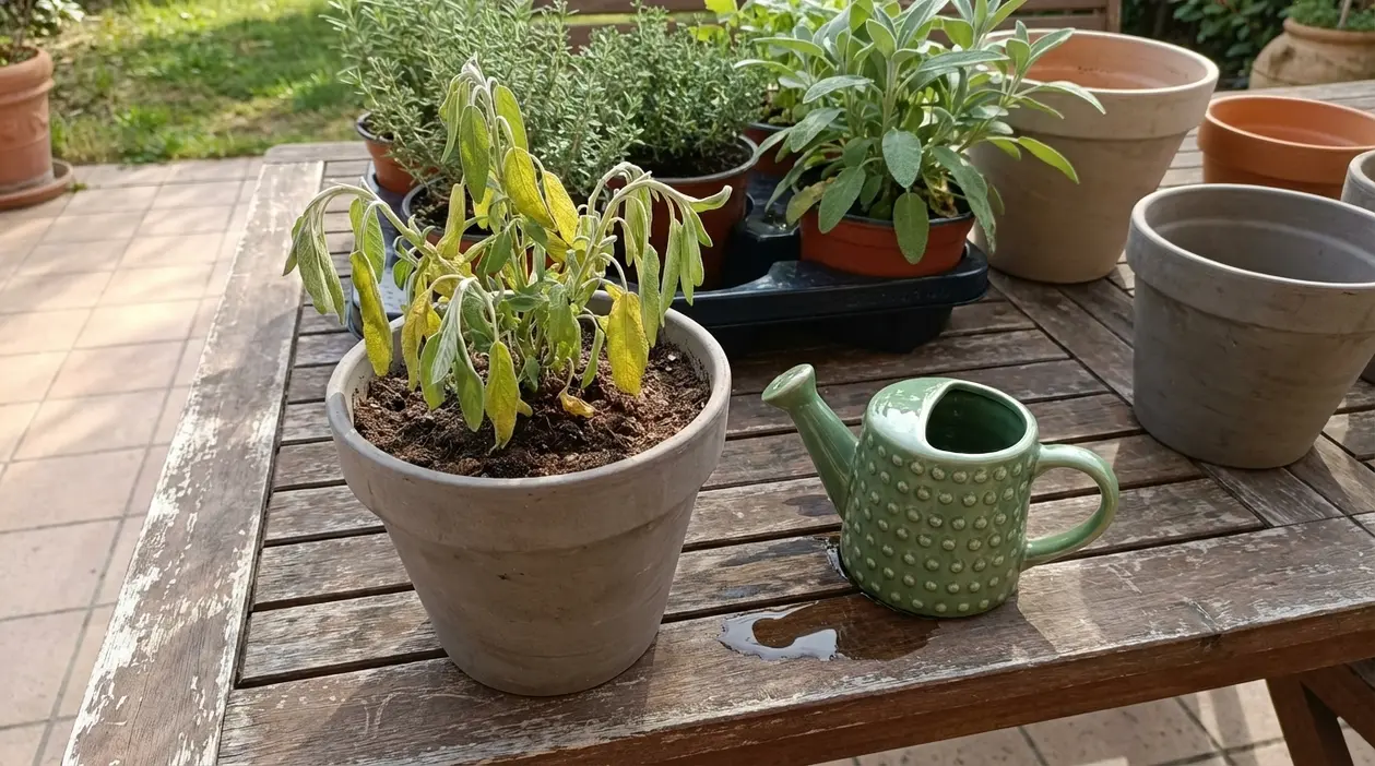 Pianta di salvia appassita in vaso su un tavolo da giardino accanto a un piccolo annaffiatoio