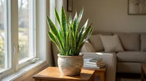 Sansevieria in vaso su tavolino vicino alla finestra in salotto luminoso
