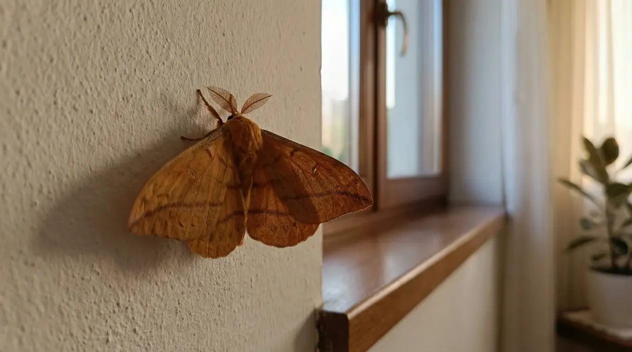 Falena marrone posata su una parete interna vicino a una finestra, in un ambiente domestico illuminato