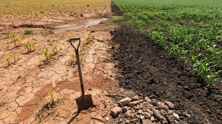 Campo con terreno secco e screpolato accanto a suolo scuro e fertile, con una pala conficcata a terra