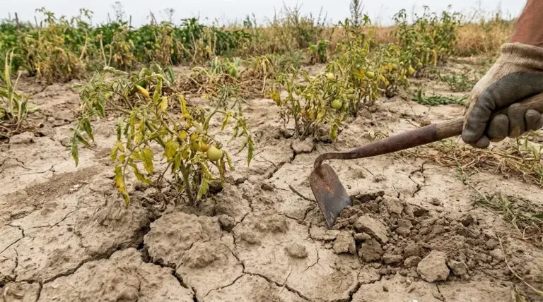 Terreno secco e screpolato nell’orto con piante di pomodoro ingiallite e una zappa al lavoro
