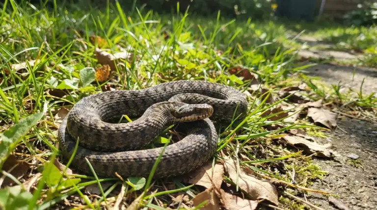 Serpente arrotolato tra erba e foglie secche in giardino, vicino a un vialetto