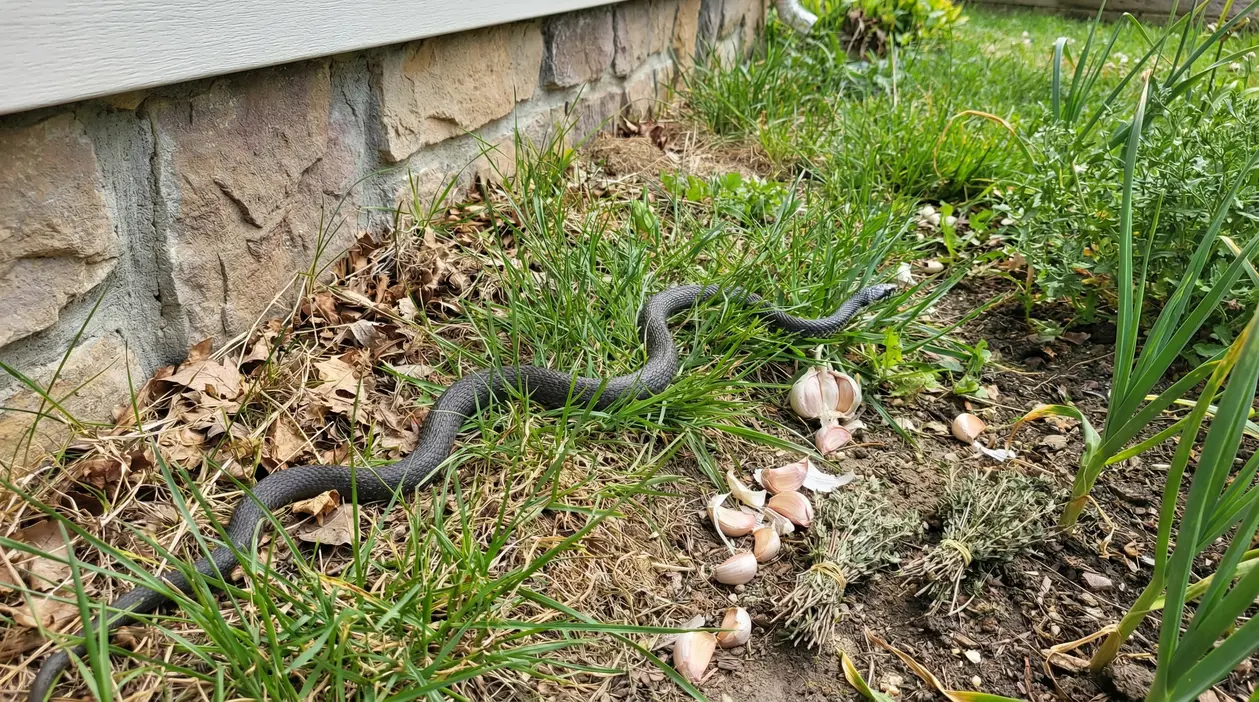 Serpente scuro nell’erba vicino al muro di casa, in giardino con piante e spicchi d’aglio sul terreno