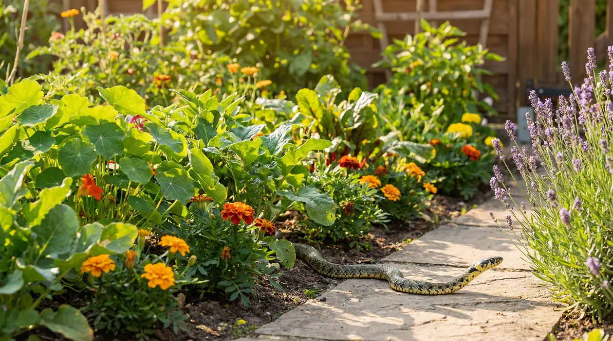 Serpente su un vialetto in giardino tra aiuole fiorite e piante aromatiche