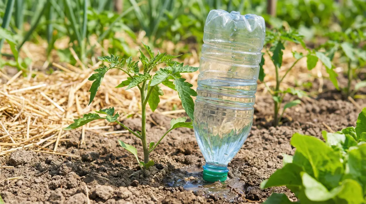 Bottiglia di plastica capovolta nel terreno per irrigazione a goccia vicino a una piantina nell’orto