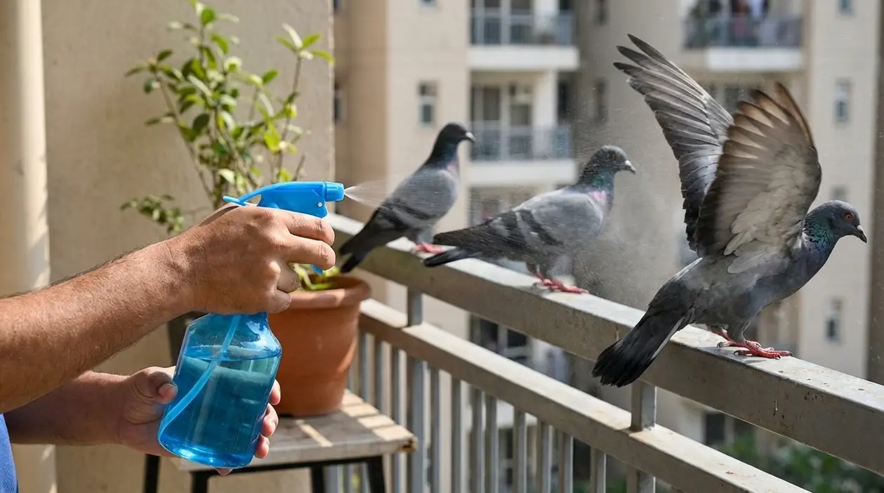Persona spruzza un repellente naturale sul balcone per allontanare i piccioni dalla ringhiera