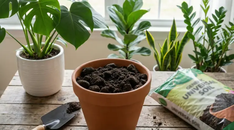 Vaso con terriccio e piante da appartamento su tavolo, esempio di rinvaso con substrato non adatto
