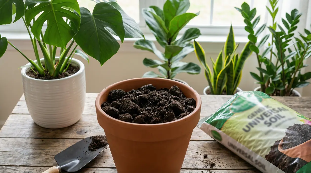 Vaso con terriccio e piante da appartamento su tavolo, esempio di rinvaso con substrato non adatto