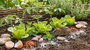 Topo nell’orto tra insalate e piante aromatiche, con gusci d’uovo e spicchi d’aglio sul terreno