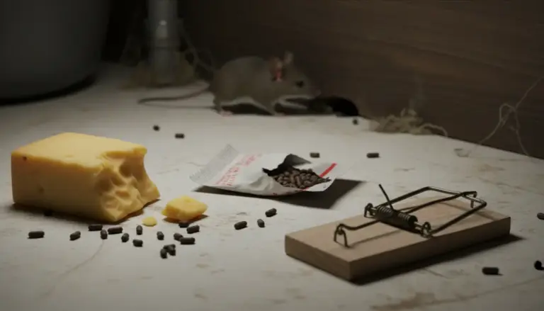 Topo in casa vicino a esche e trappola per roditori su un pavimento domestico