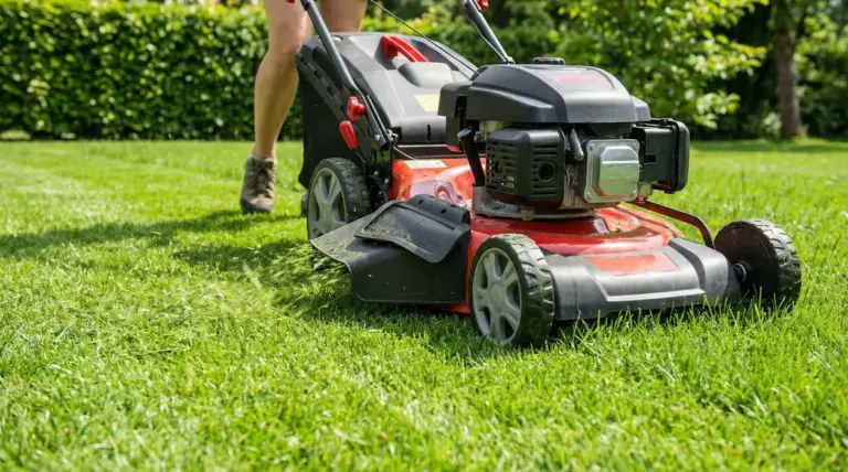 Persona che taglia il prato con un tosaerba, lasciando l'erba tagliata sul giardino