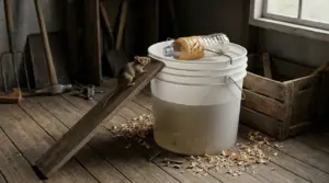 Topo su una tavola che sale verso un secchio con bottiglia esca, trappola fai da te contro i topi in casa