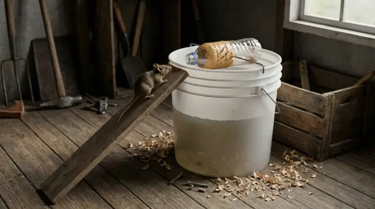 Topo su una tavola che sale verso un secchio con bottiglia esca, trappola fai da te contro i topi in casa